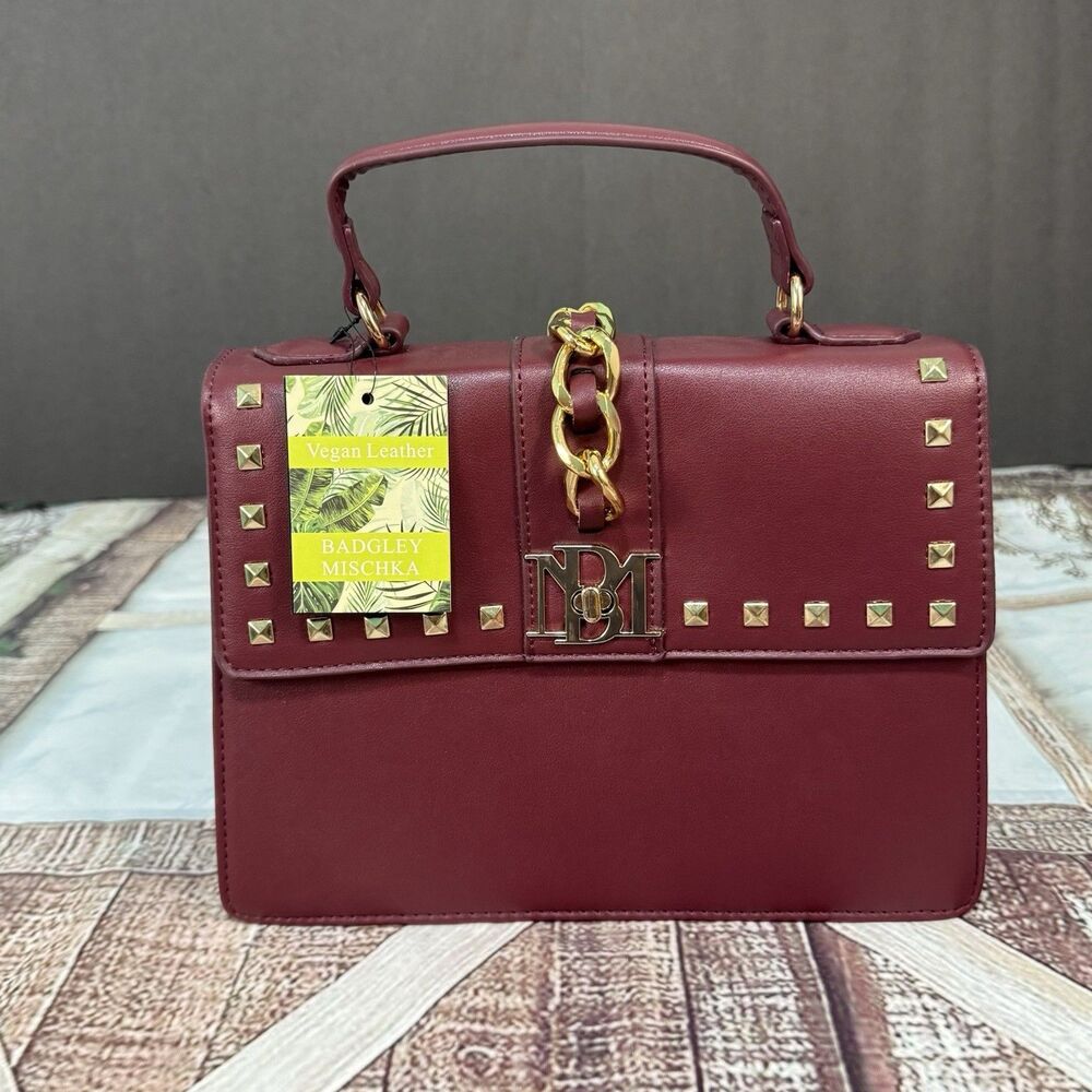 Badgley‎ Mischka Womens  Vegan Leather Studded Chain Crossbody Handbag wine NWT